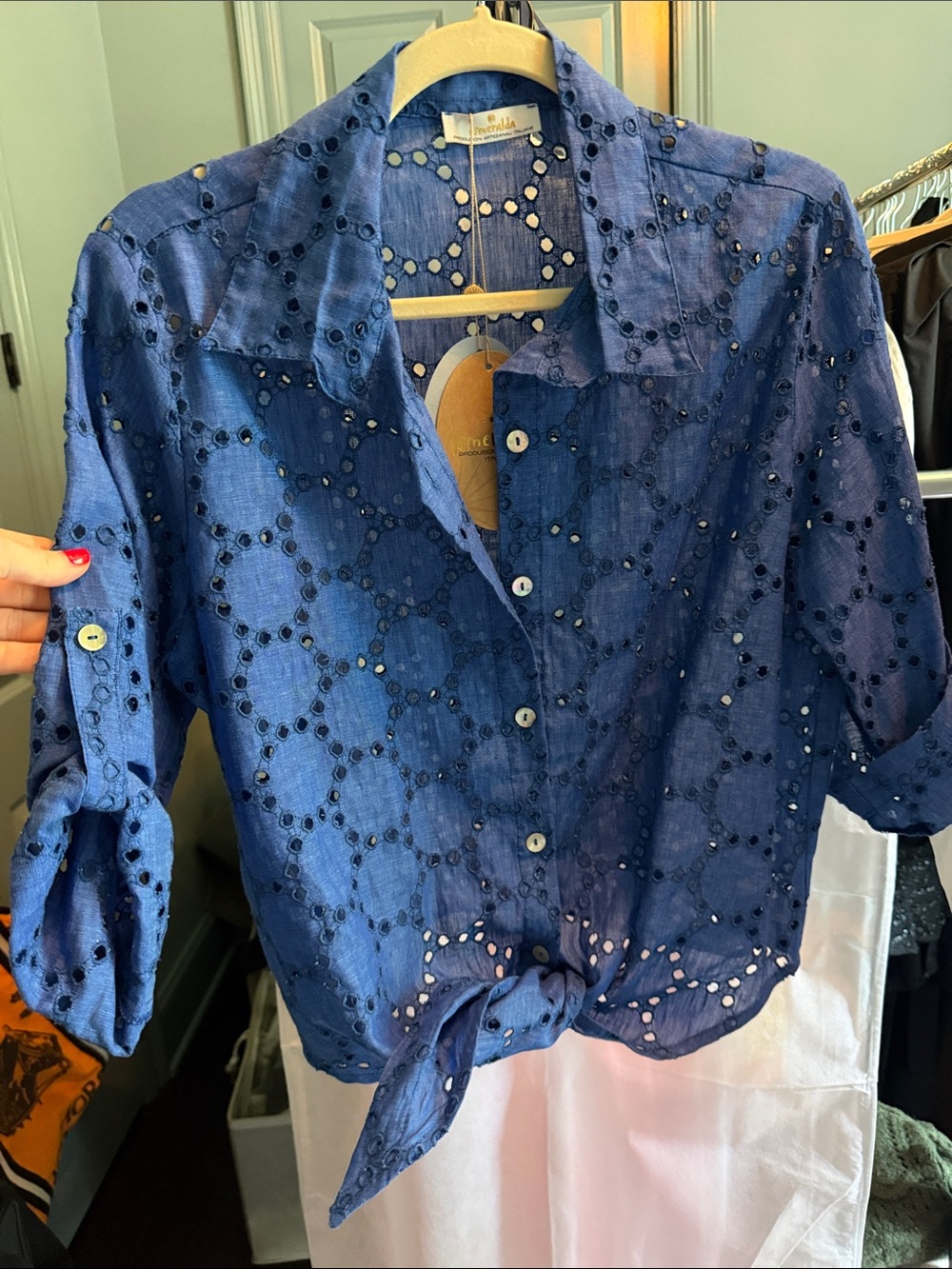Blue Eyelet Tie-Front Button-Up Top